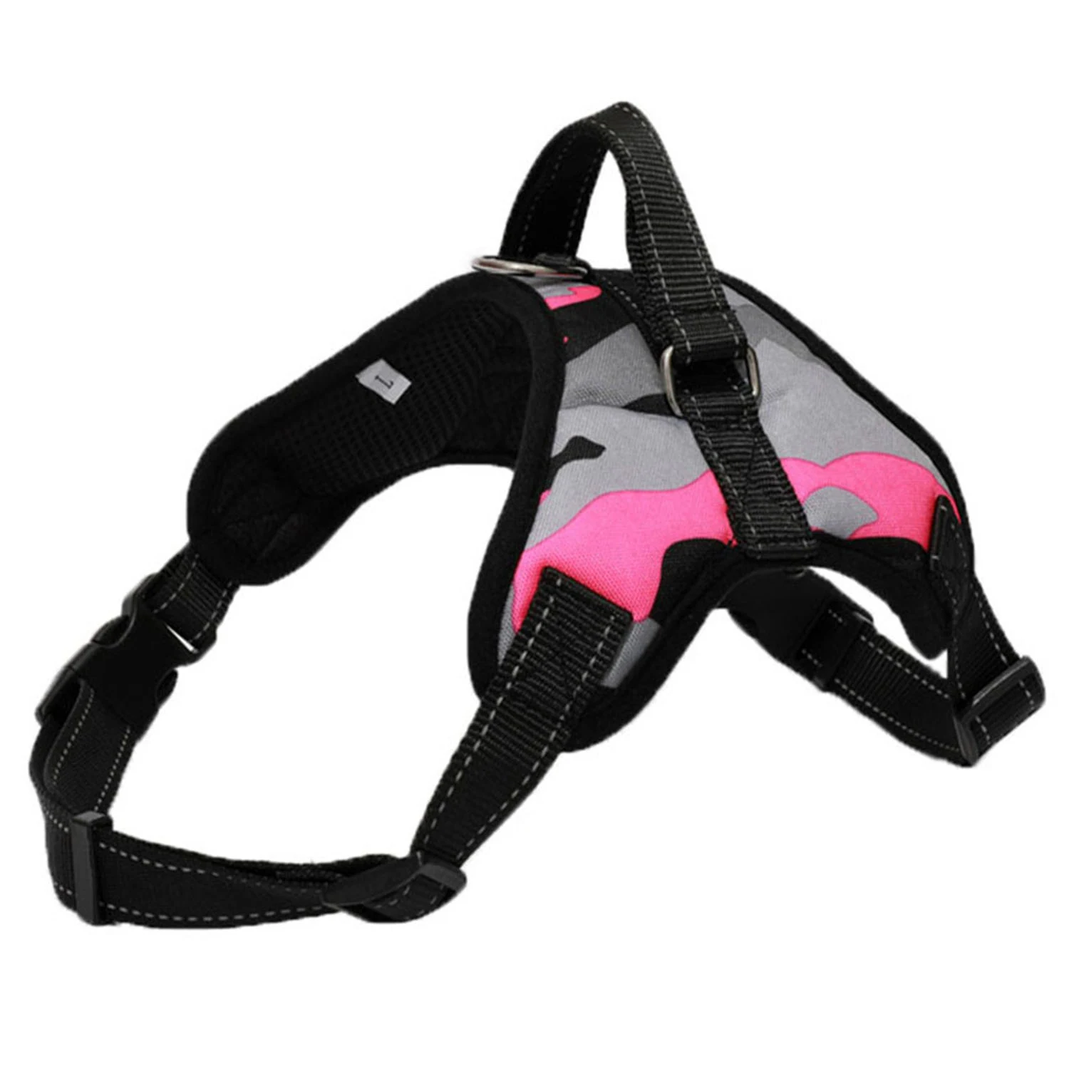 A pink and grey camouflage patterned dog harness with black straps and padding on a white background.