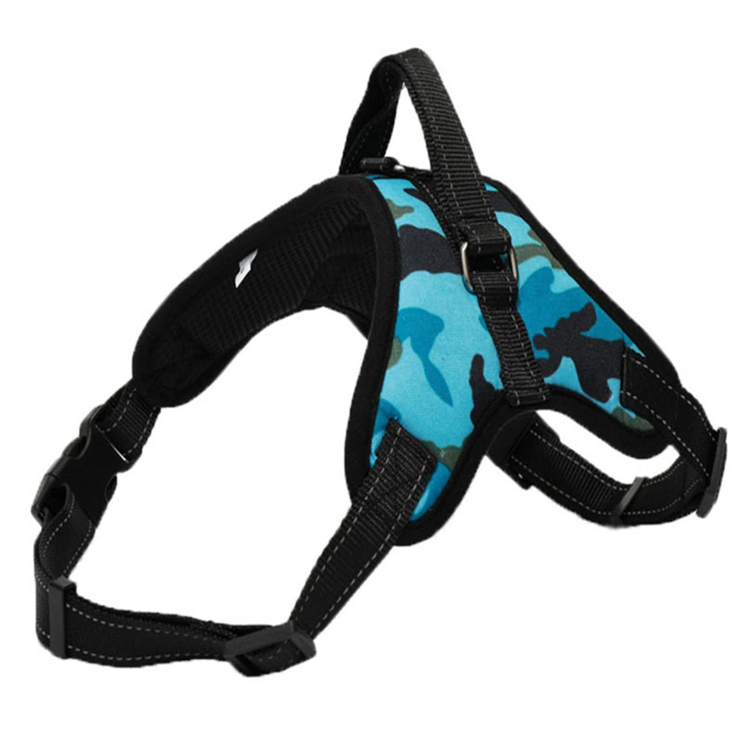 Blue and black camouflage patterned dog harness with adjustable straps