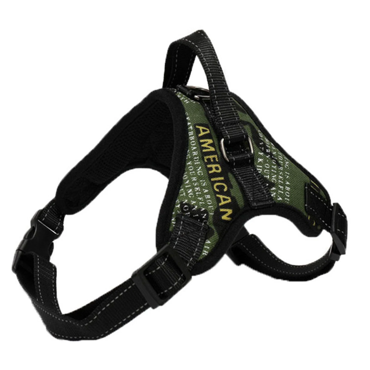 Camouflage dog harness with black straps and padding.