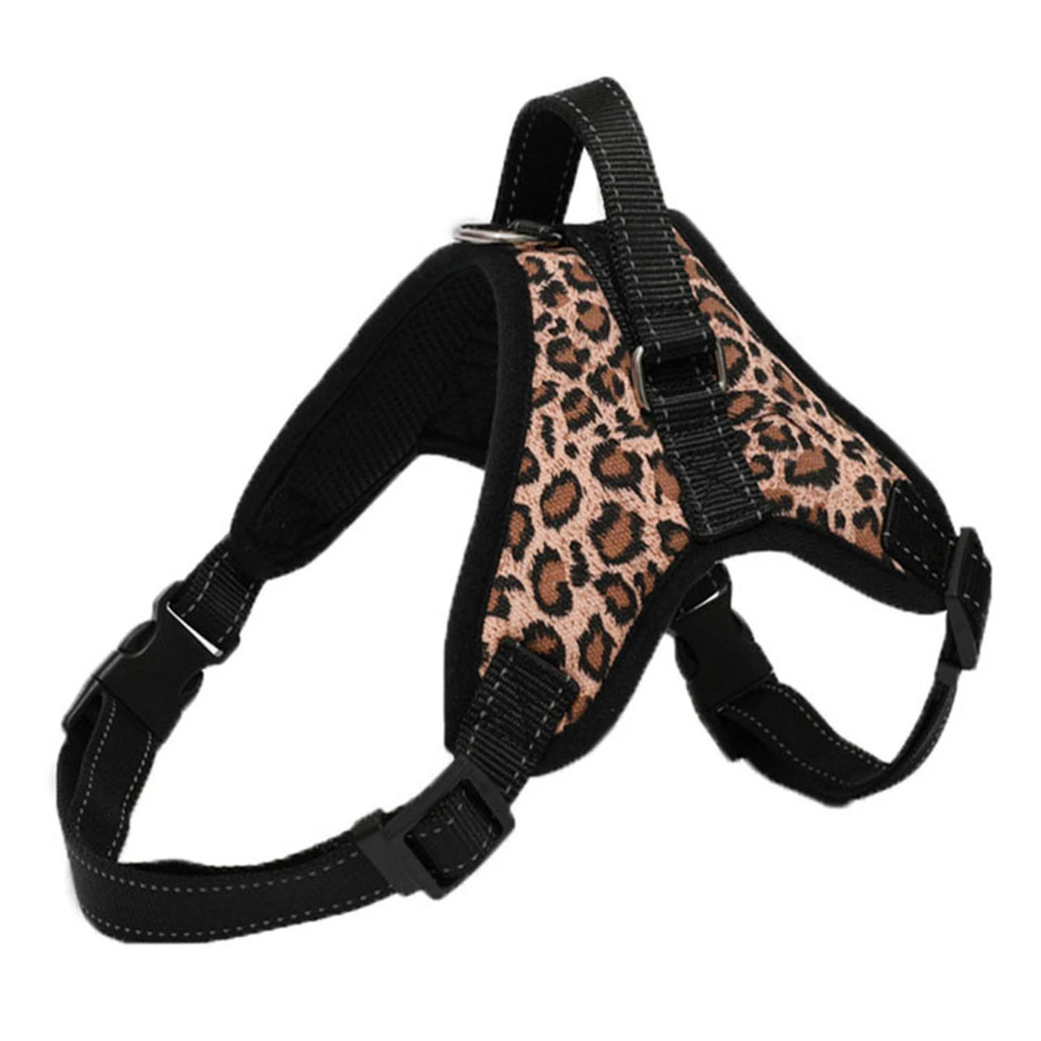 A leopard print dog harness with black nylon trim, plastic buckles, and a metal D-ring against a white background.
