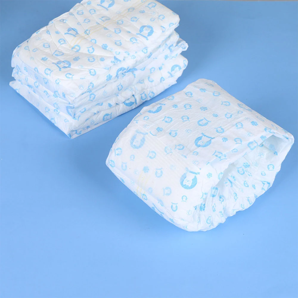 A stack of folded patterned diapers next to a single diaper on a blue background