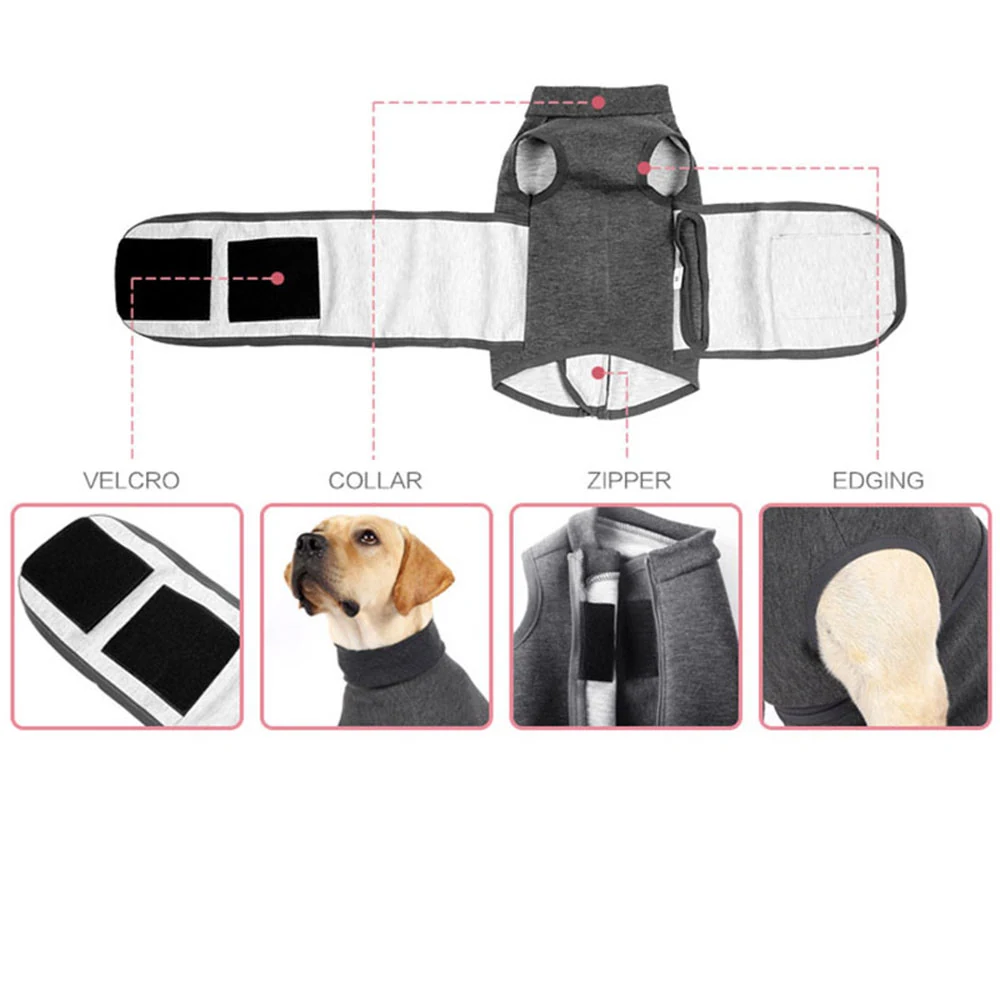 Grey dog recovery suit laid flat with detail insets showing velcro, collar, zipper, and edging.