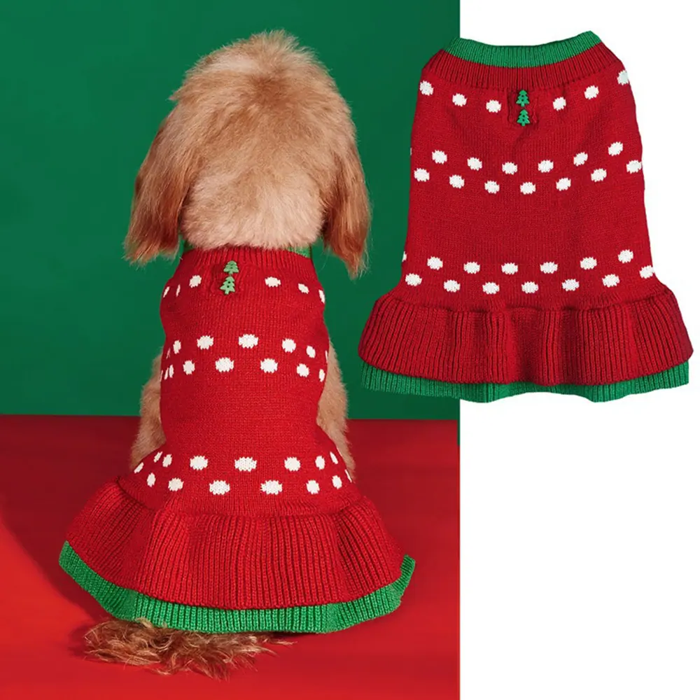 Back view of a small dog wearing a red knitted sweater with white dots and green trim, next to a product shot of the sweater.
