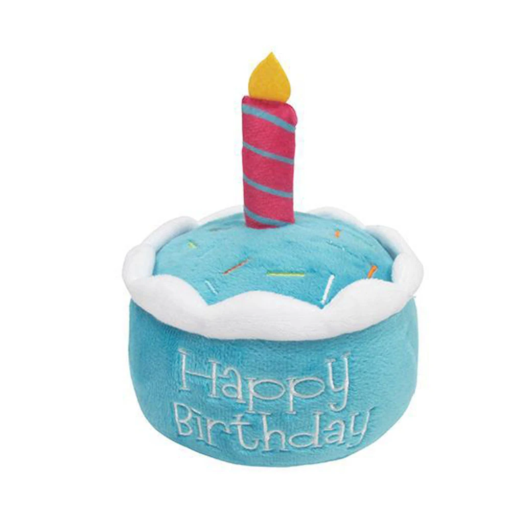 Blue plush birthday cake with a pink candle and Happy Birthday embroidered on the side