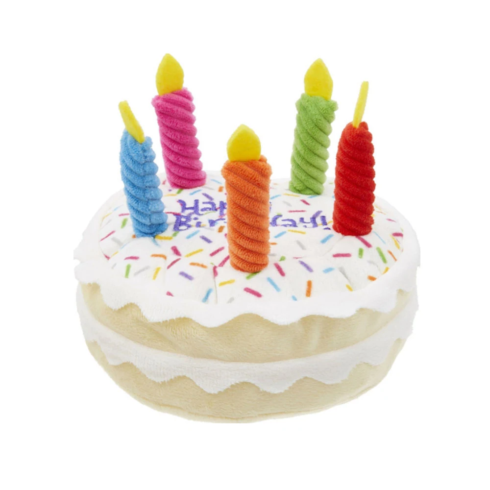 Plush birthday cake with five colorful twisted candles and embroidered text
