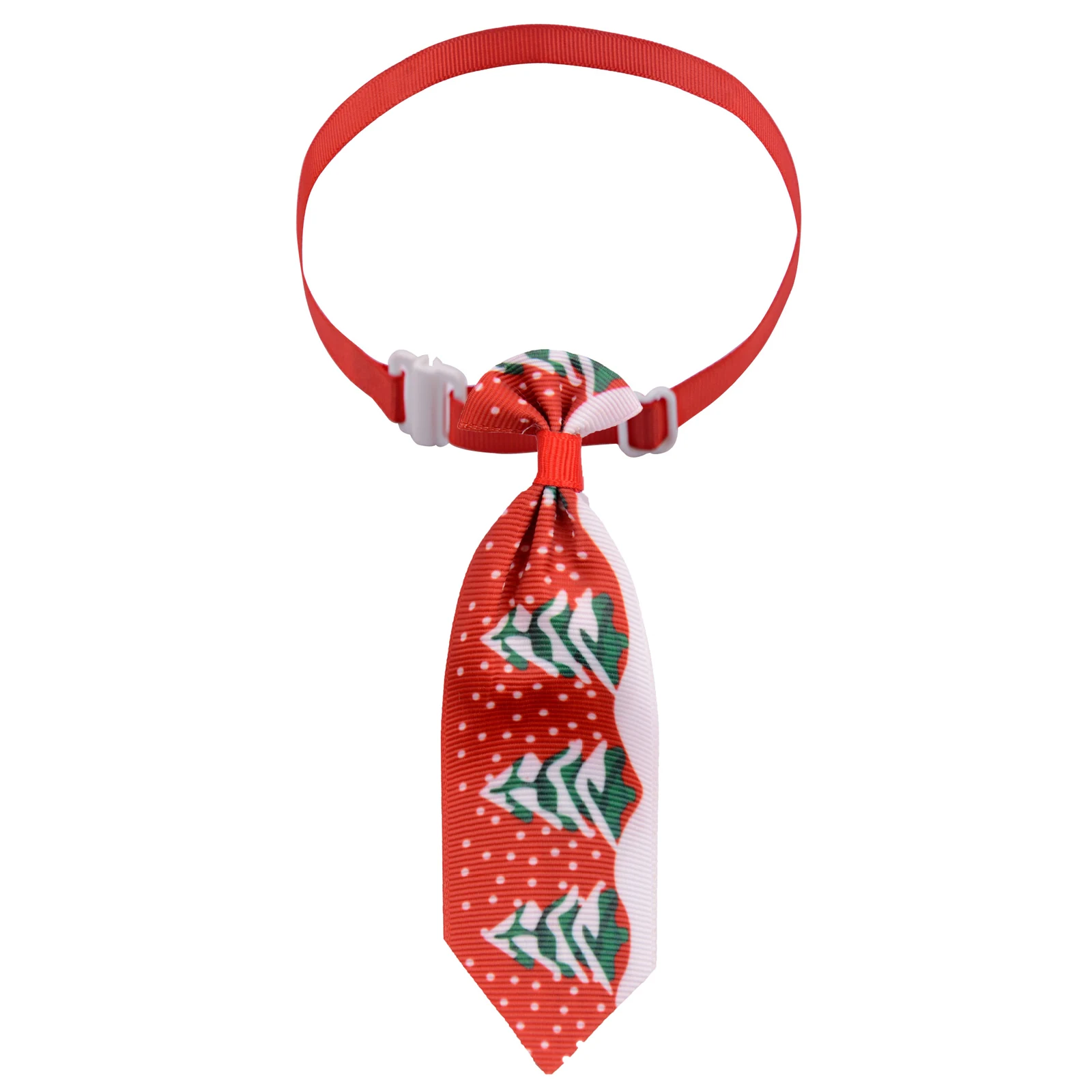 Red necktie with Christmas tree pattern and white adjustable collar strap