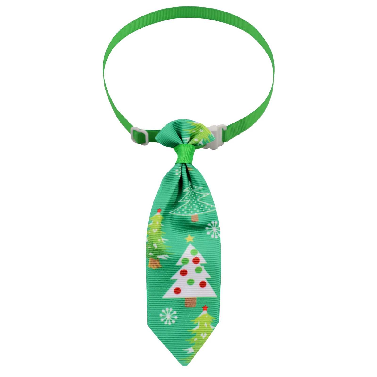 Green pre-tied necktie with Christmas tree pattern and adjustable strap