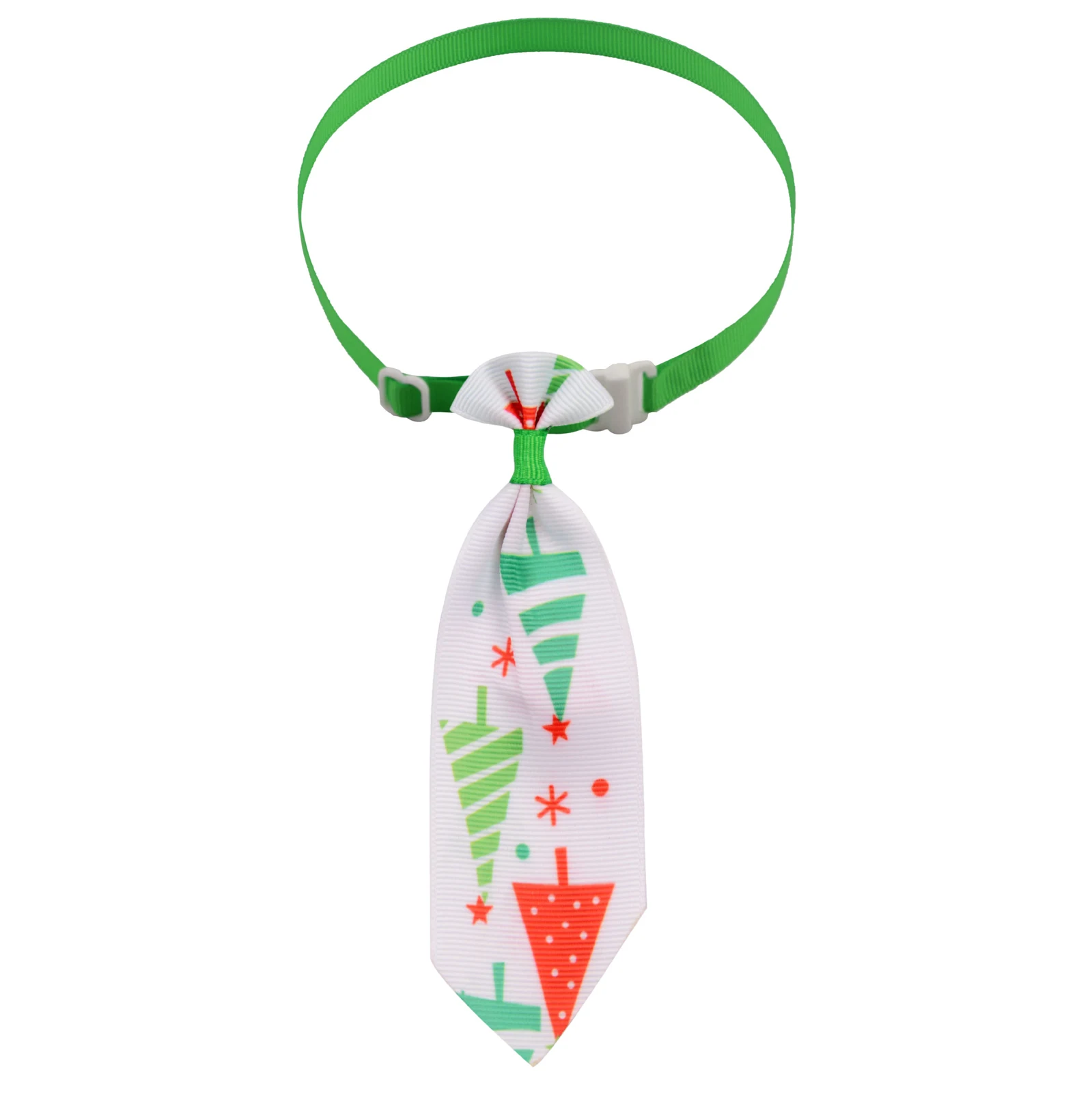 White pet necktie with green and red tree pattern attached to a green adjustable strap on a white background