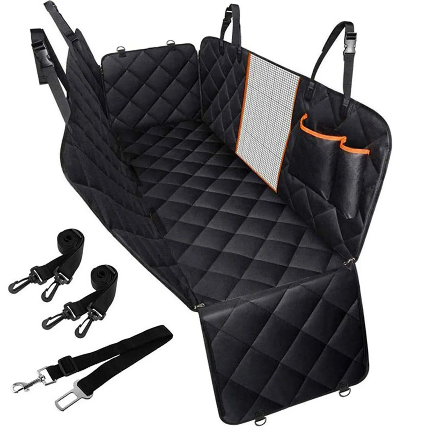 Black quilted car seat cover with mesh window and side pockets, shown with attached straps and buckles.