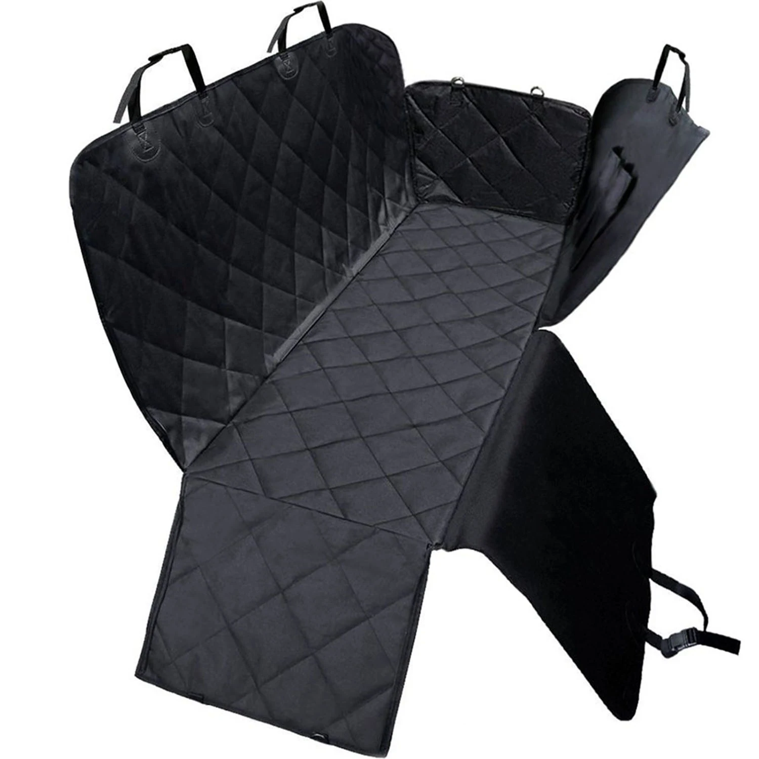 Black quilted car seat cover laid flat with side flaps and anchor straps