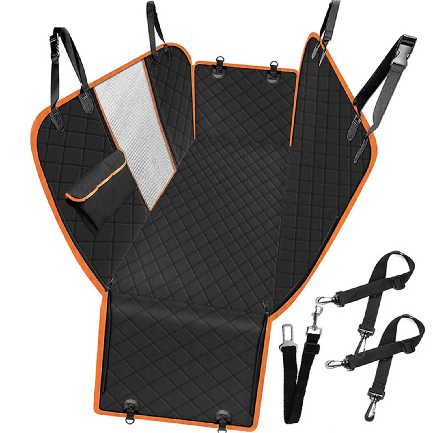 A black quilted dog car seat cover with orange trim, showing side flaps and attached safety straps.
