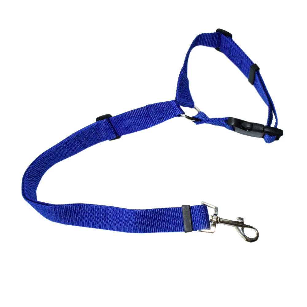 Blue nylon dog harness with black plastic buckles and metal clip on white background