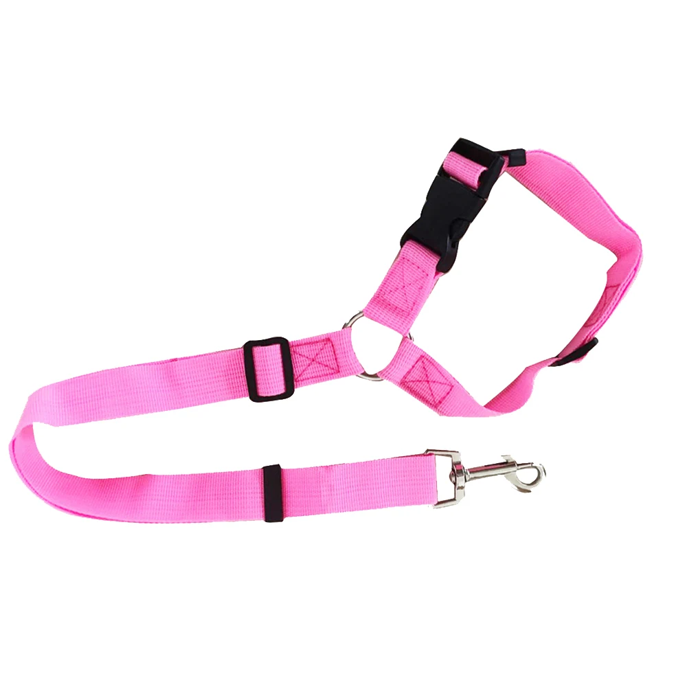 Pink dog harness and leash set with black plastic buckles and metal clip on a white background