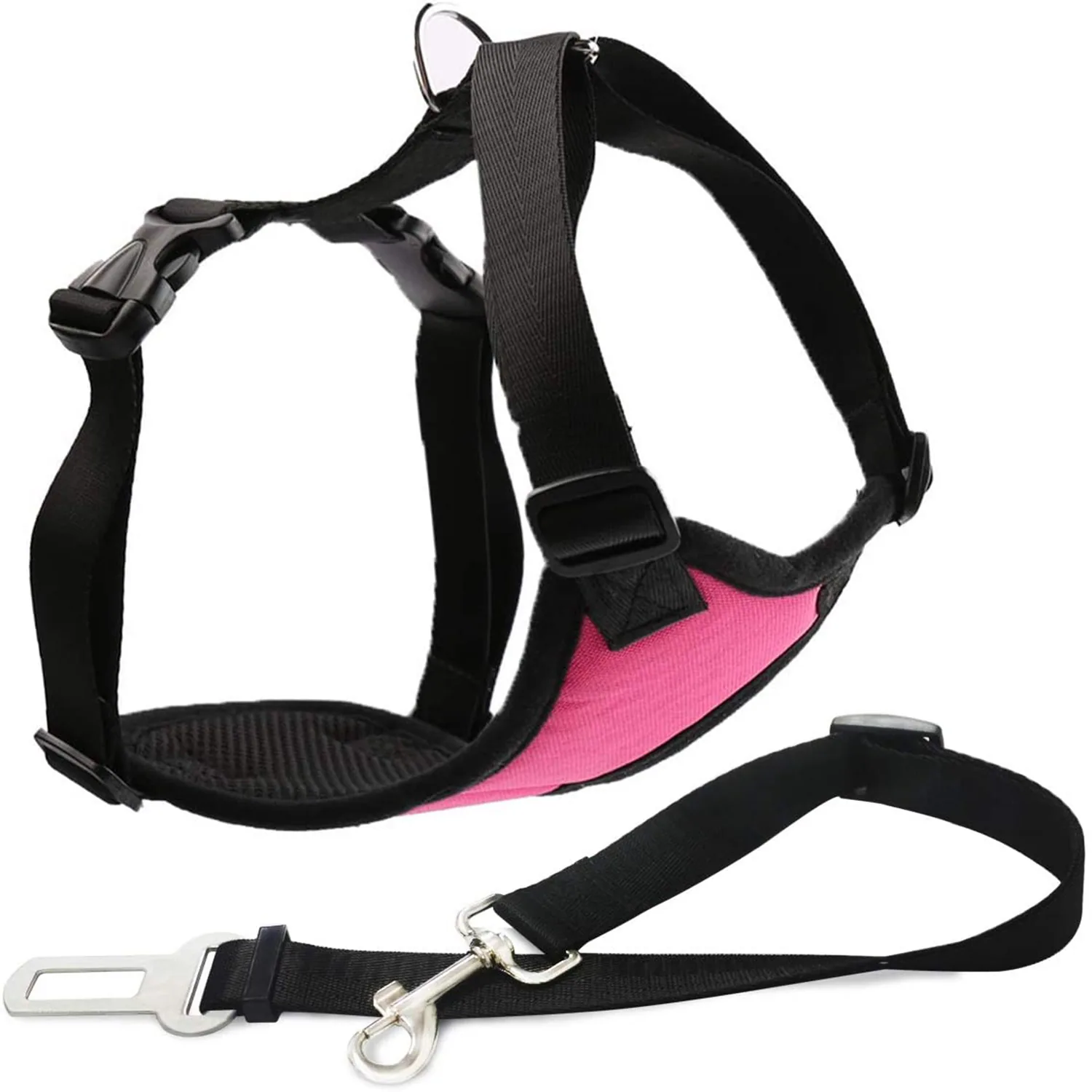 Pink and black dog harness with a matching black seatbelt tether strap on a white background