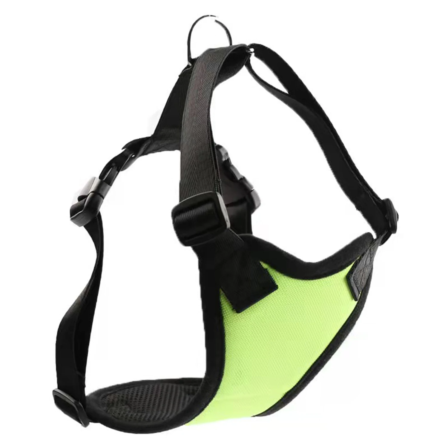 Neon green and black pet harness with adjustable straps and metal D-ring on a white background