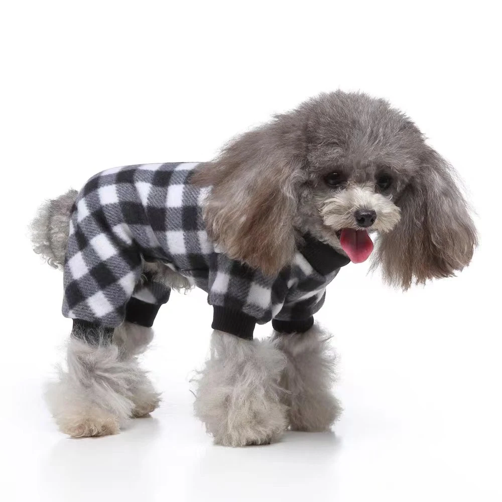 Gray poodle wearing a black and white plaid shirt
