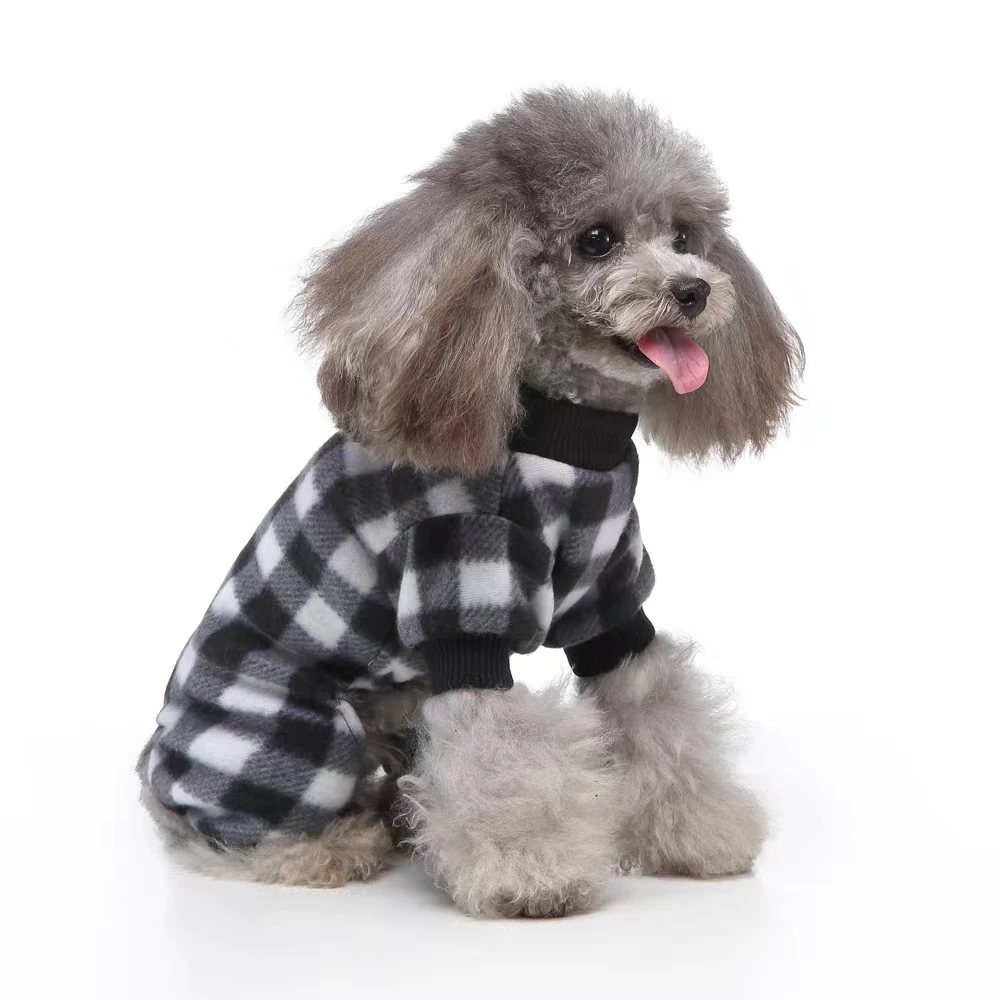 Grey poodle sitting on a white background wearing a black and white checkered fleece jacket.
