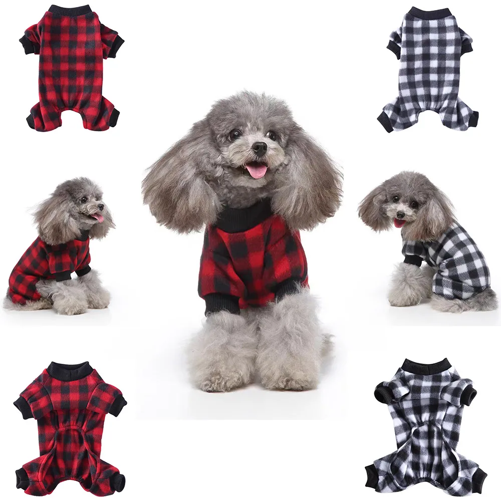 Collage showing red and black plaid dog pajamas and grey poodles wearing them.