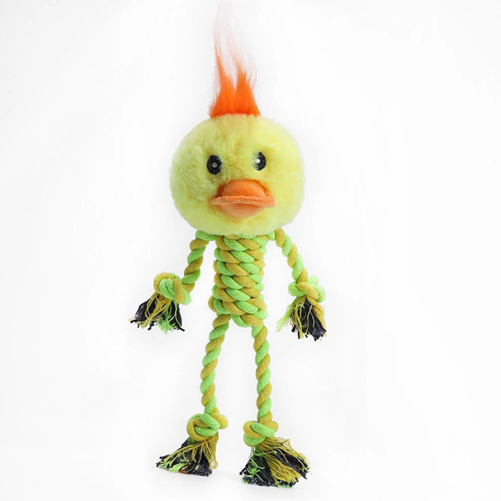 Yellow plush chick head attached to a green and tan rope body with orange tuft