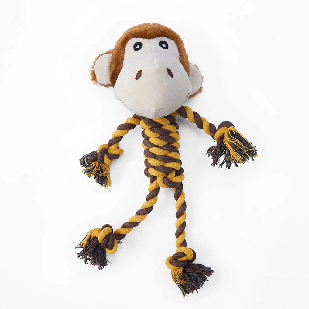 Plush monkey head attached to a braided yellow and brown rope body with limbs