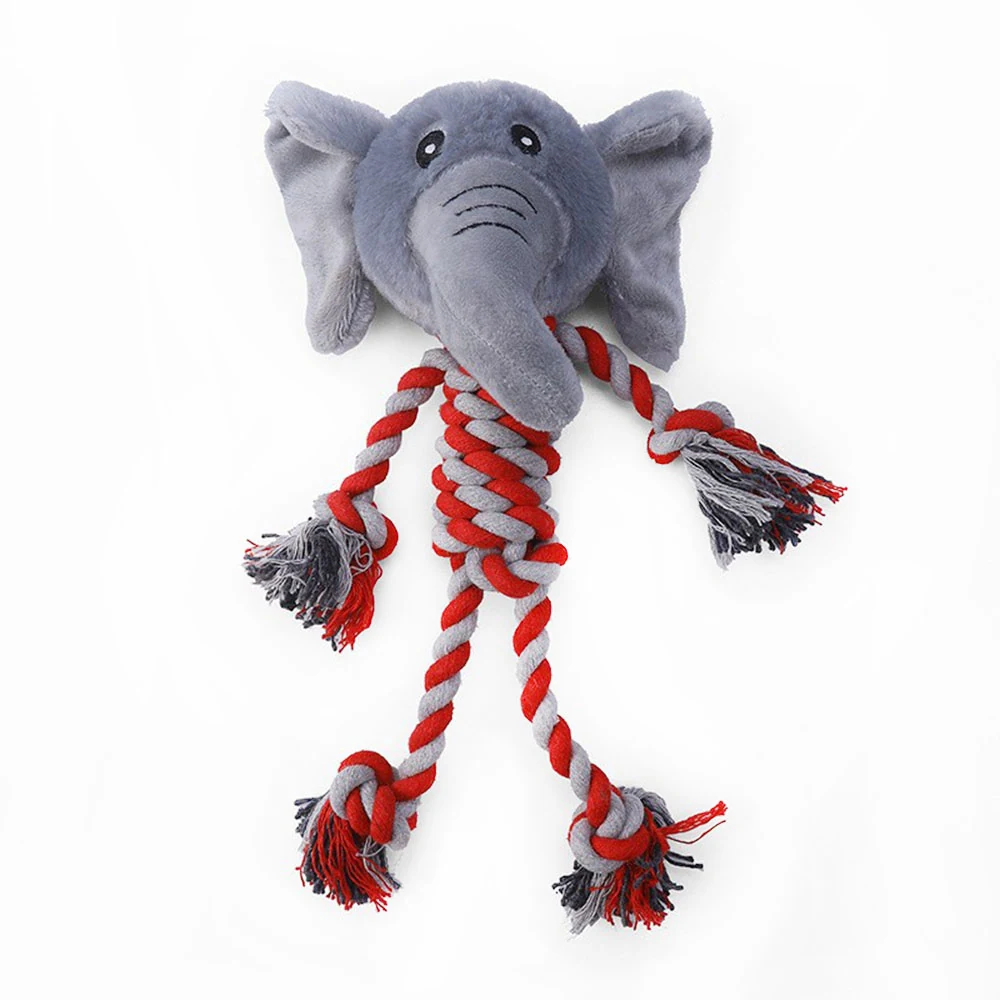Grey plush elephant head with red and grey rope limbs
