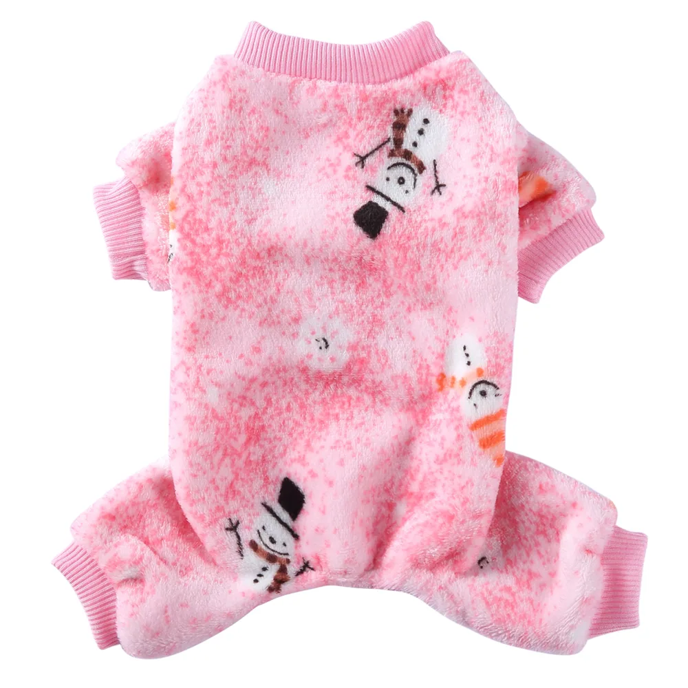 Pink fuzzy pet four-legged outfit with snowman pattern and ribbed cuffs