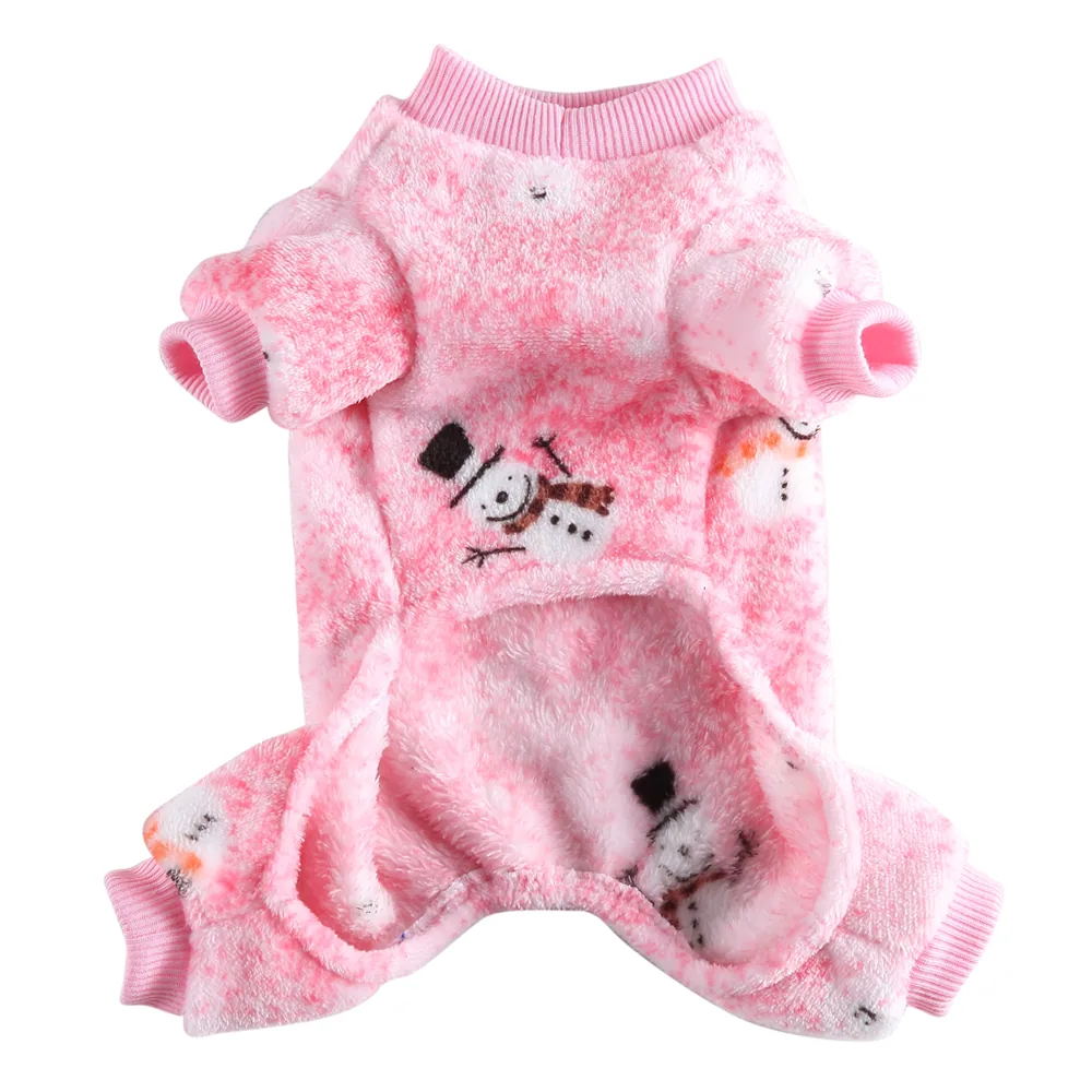 Pink fluffy four-legged pet sweater with snowman pattern
