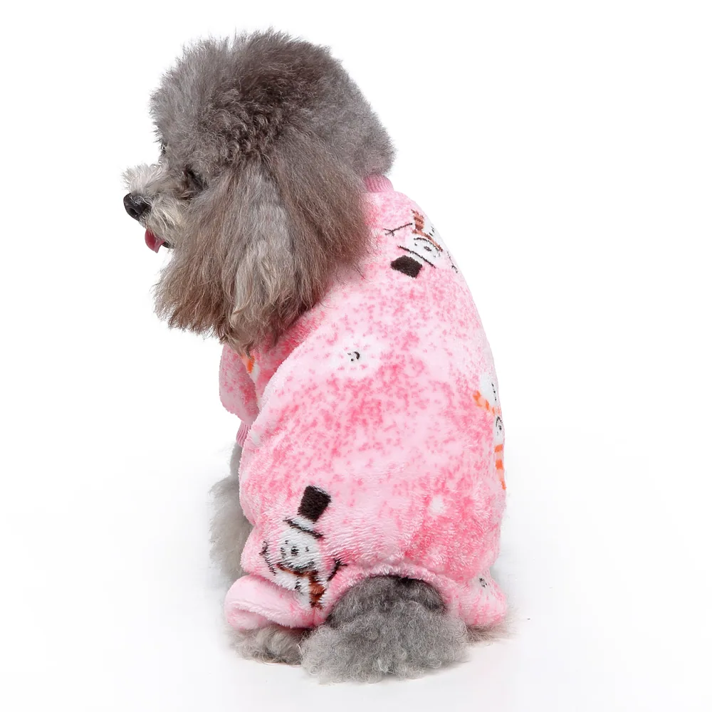 Grey poodle sitting in profile wearing a pink snowman-patterned fleece hoodie