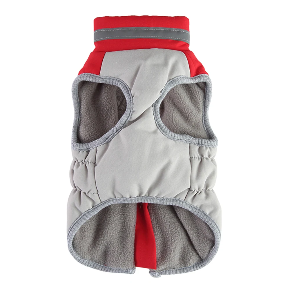Red and grey dog coat with fleece lining and reflective collar strip on white background