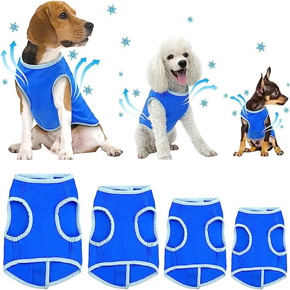 A collage showing three different dogs wearing blue cooling vests above four blue mesh vests.