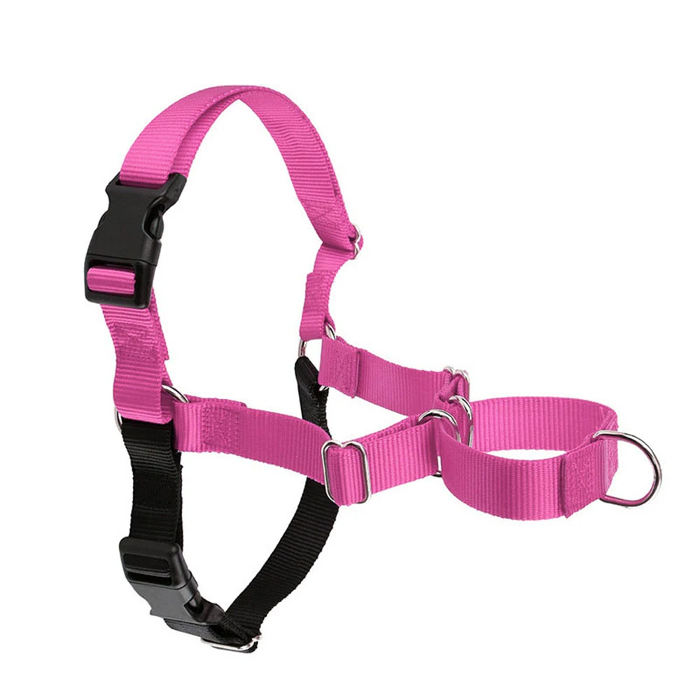 Pink and black nylon dog harness with plastic quick-release buckles and metal D-ring