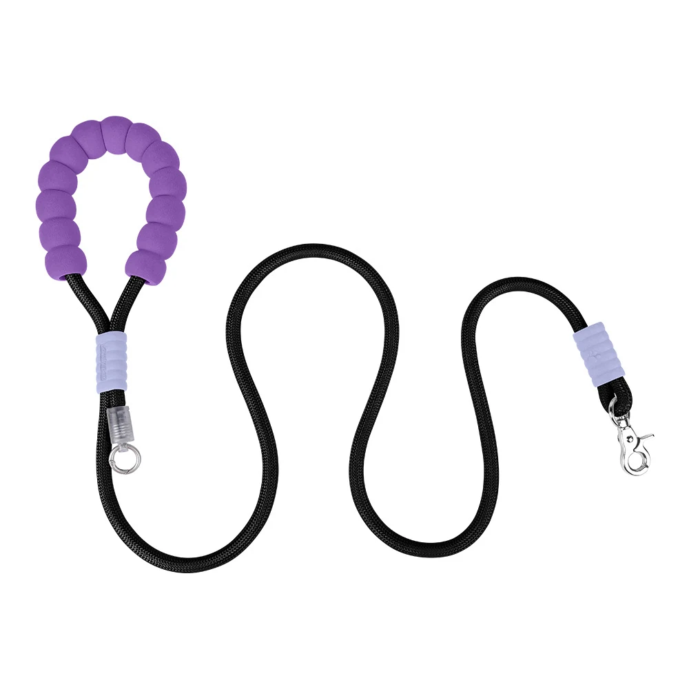 Purple padded handle dog leash with black bungee cord and metal clip