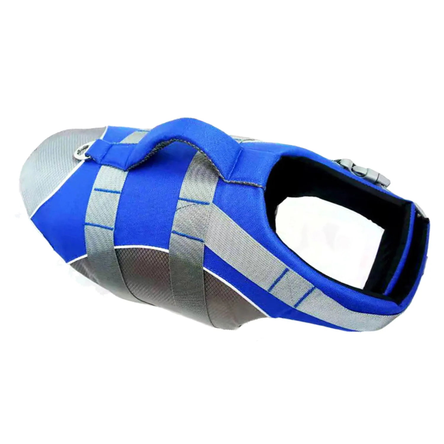 Blue and silver industrial safety shoe cover with straps and reflective strips
