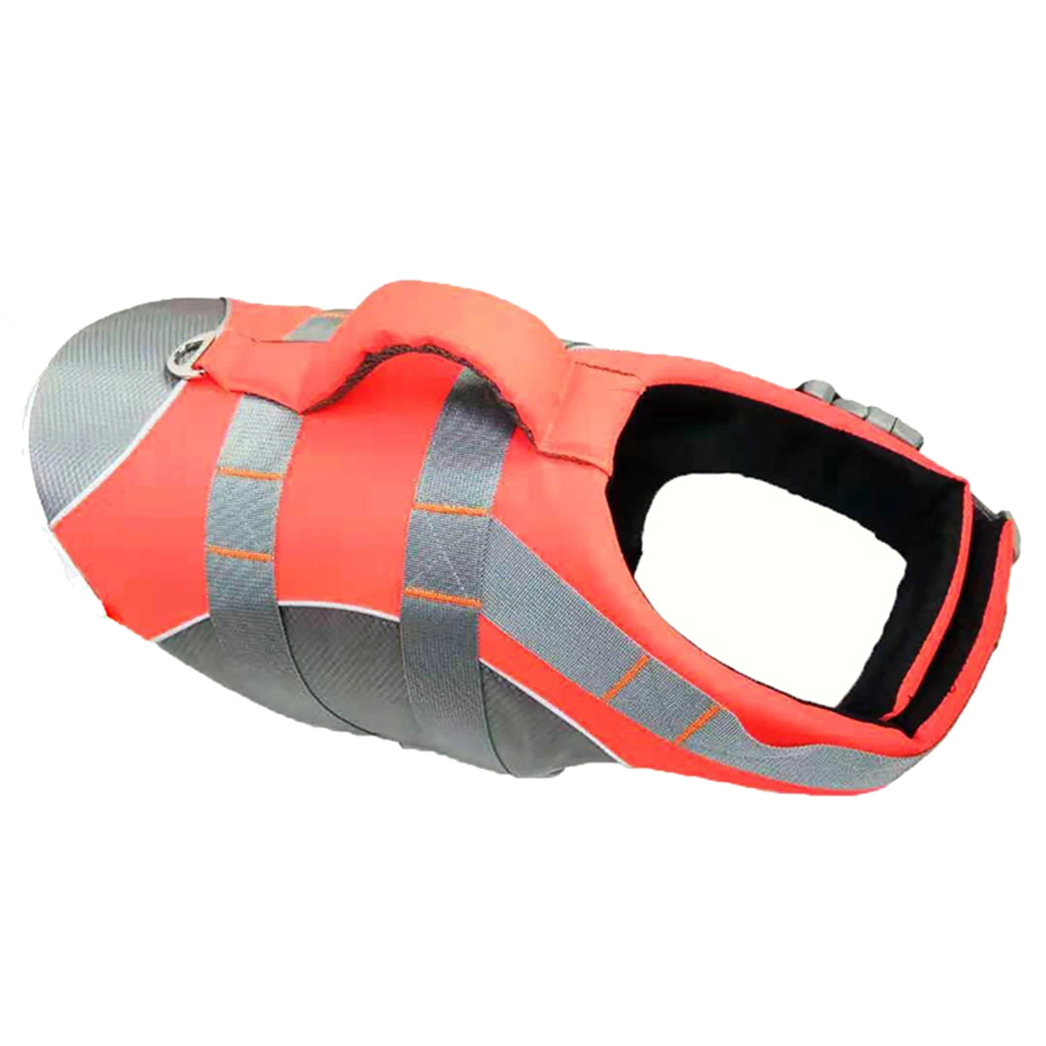 A red and grey protective muzzle with a handle and a metal ring.