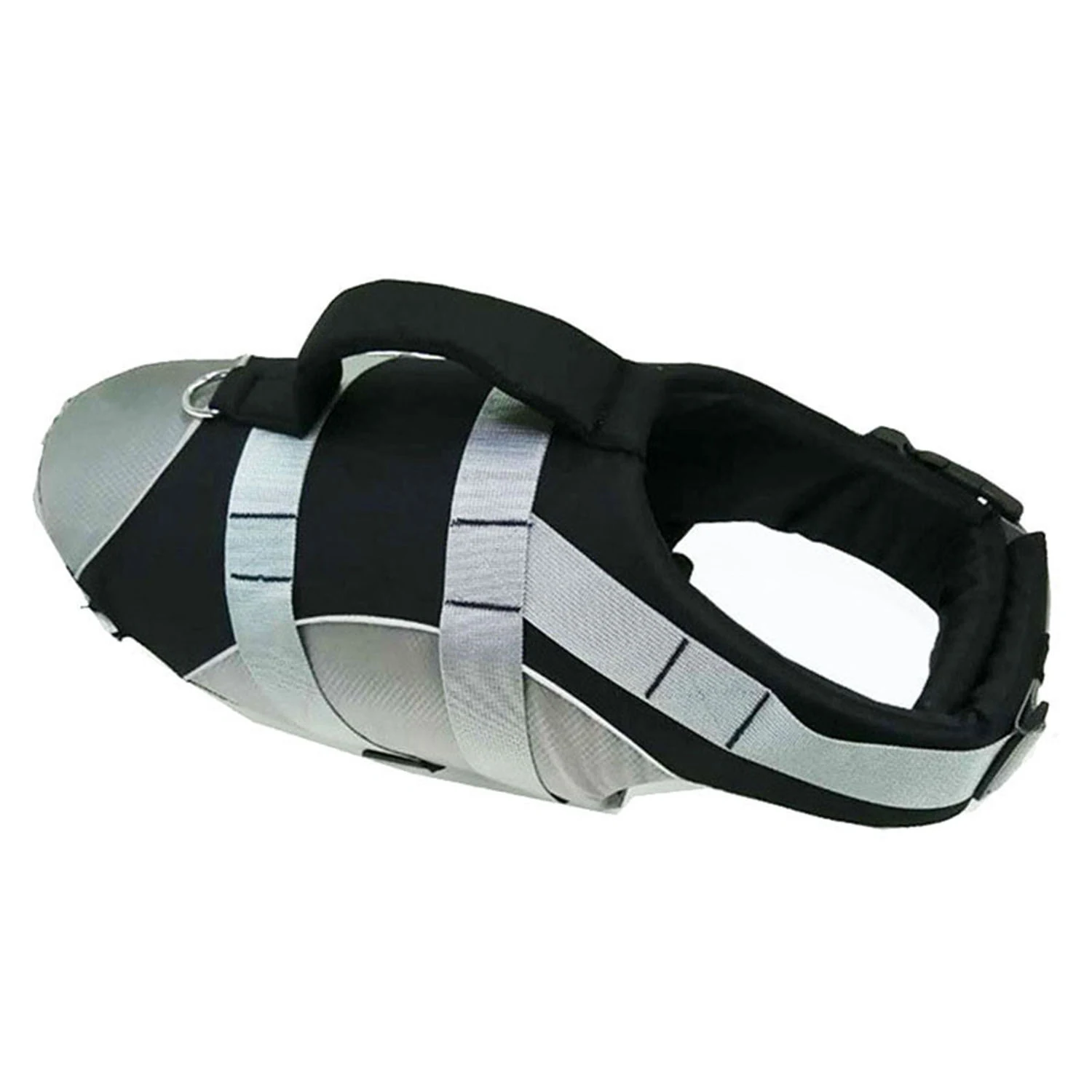 Grey and black neoprene muzzle with adjustable straps and a top handle.