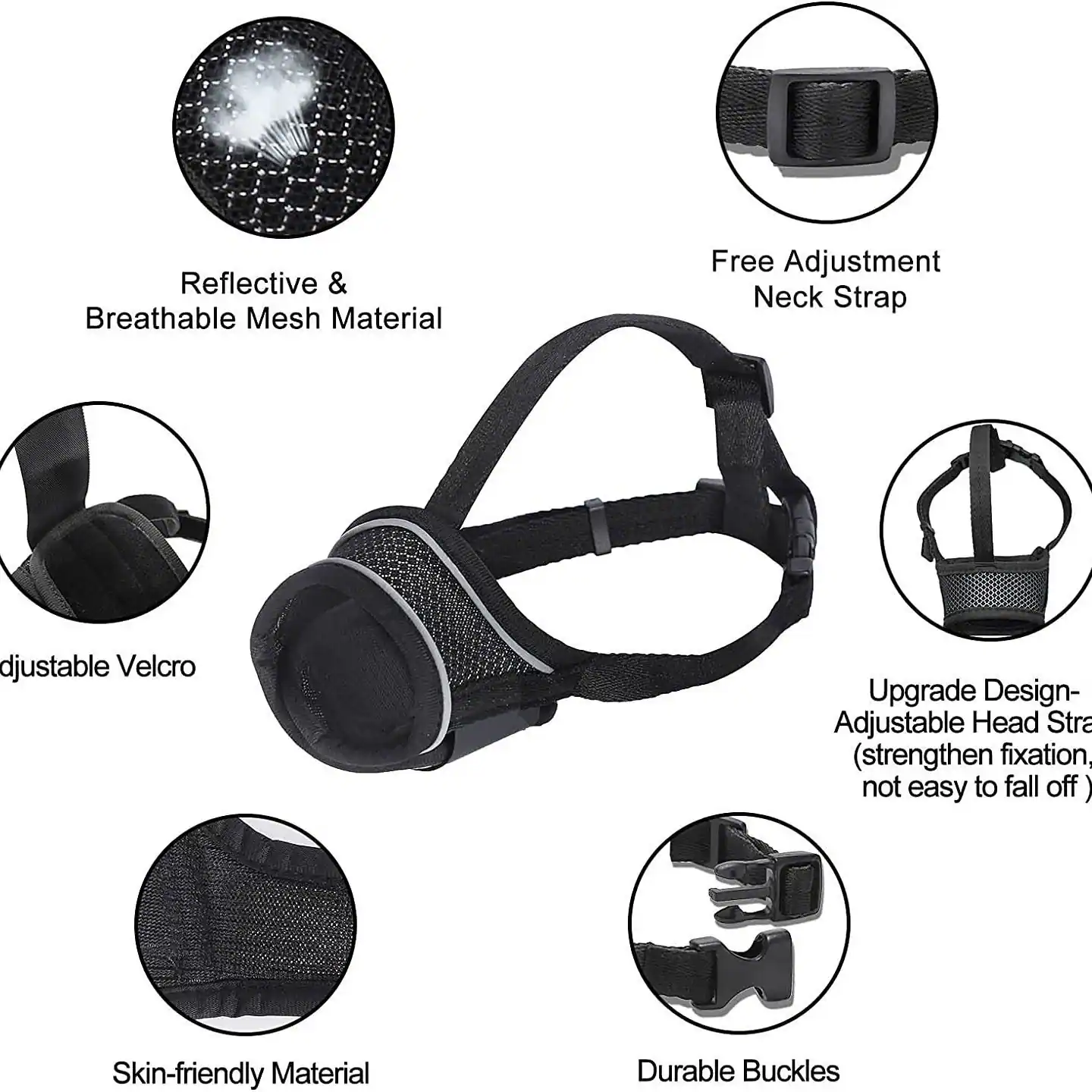 Collage showing a black dog muzzle with circular close-ups of its straps, buckles, and mesh material.