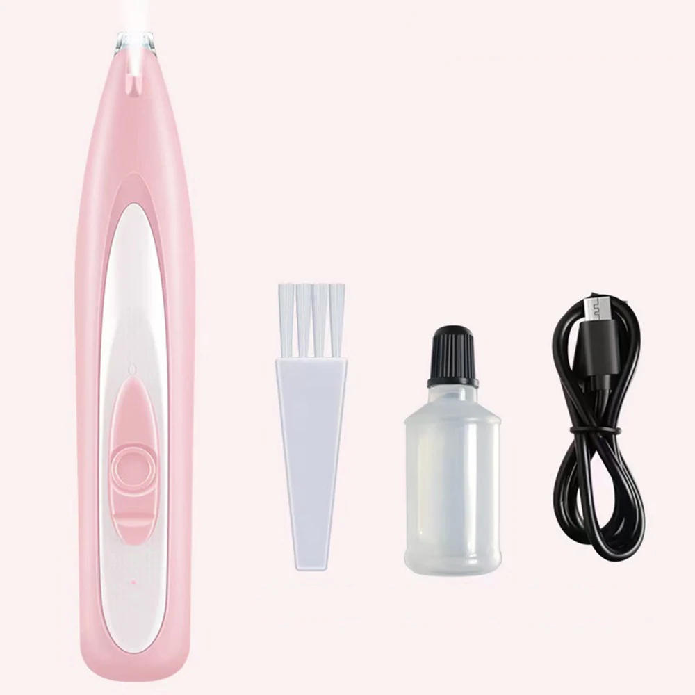 Pink pet nail trimmer with white guard, cleaning brush, oil bottle, and USB charging cable
