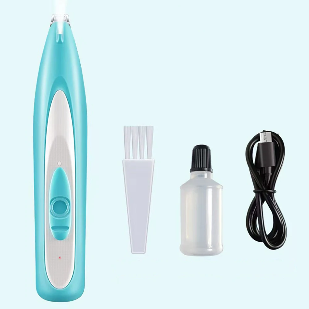 Teal electric grooming device with white nozzle attachment, clear oil bottle, and black USB charging cable.