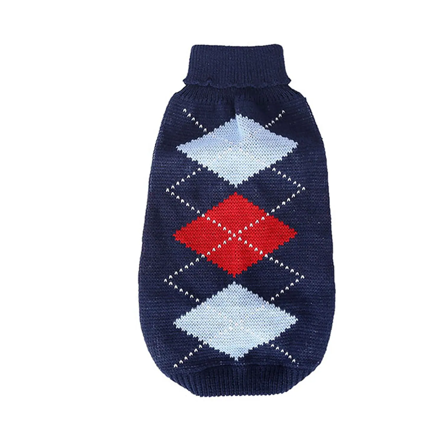 Navy blue knit pet sweater with red and white argyle diamond pattern on a white background