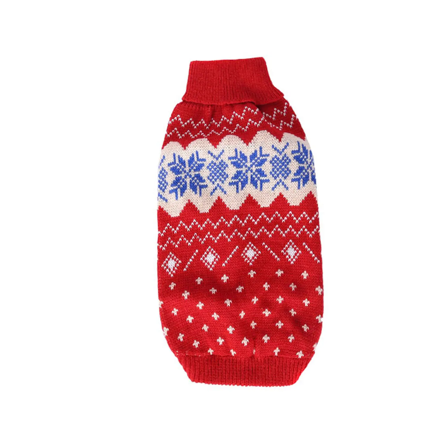 Red knitted sweater with a white and blue snowflake pattern and ribbed collar and cuffs.