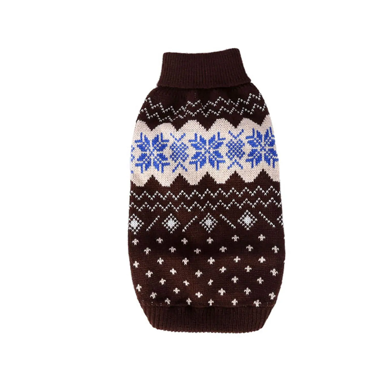 Brown knitted sweater with blue and cream snowflake pattern