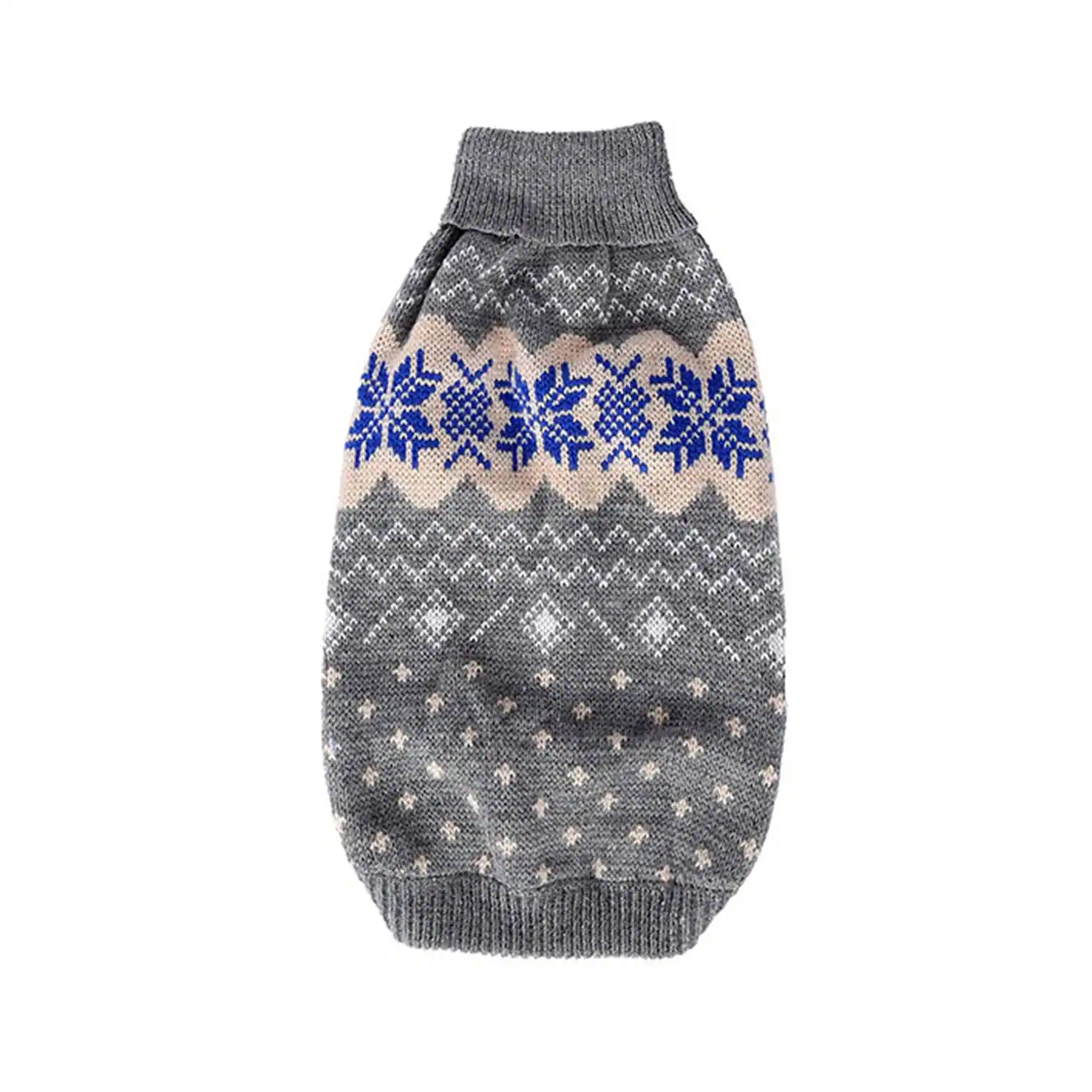 Grey knitted sweater with blue snowflake pattern on a white background