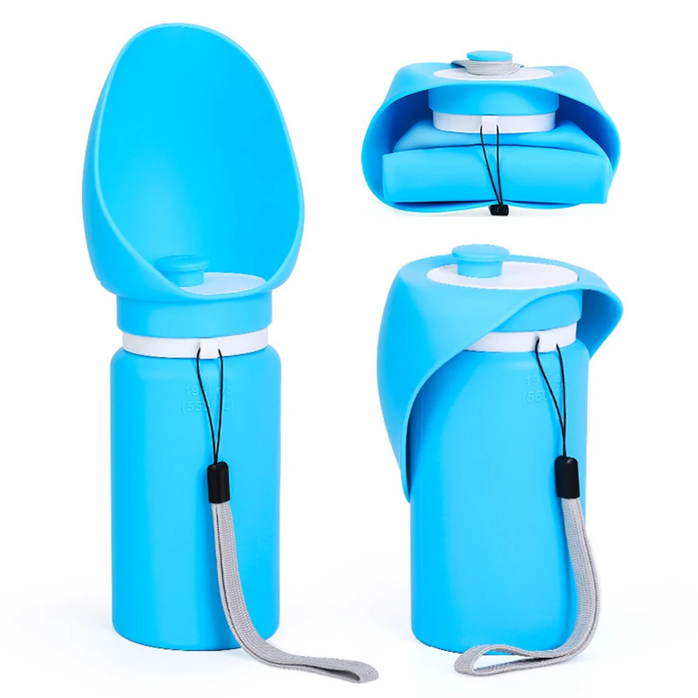 Collage of three views of a blue portable pet water bottle with a scoop and lanyard.