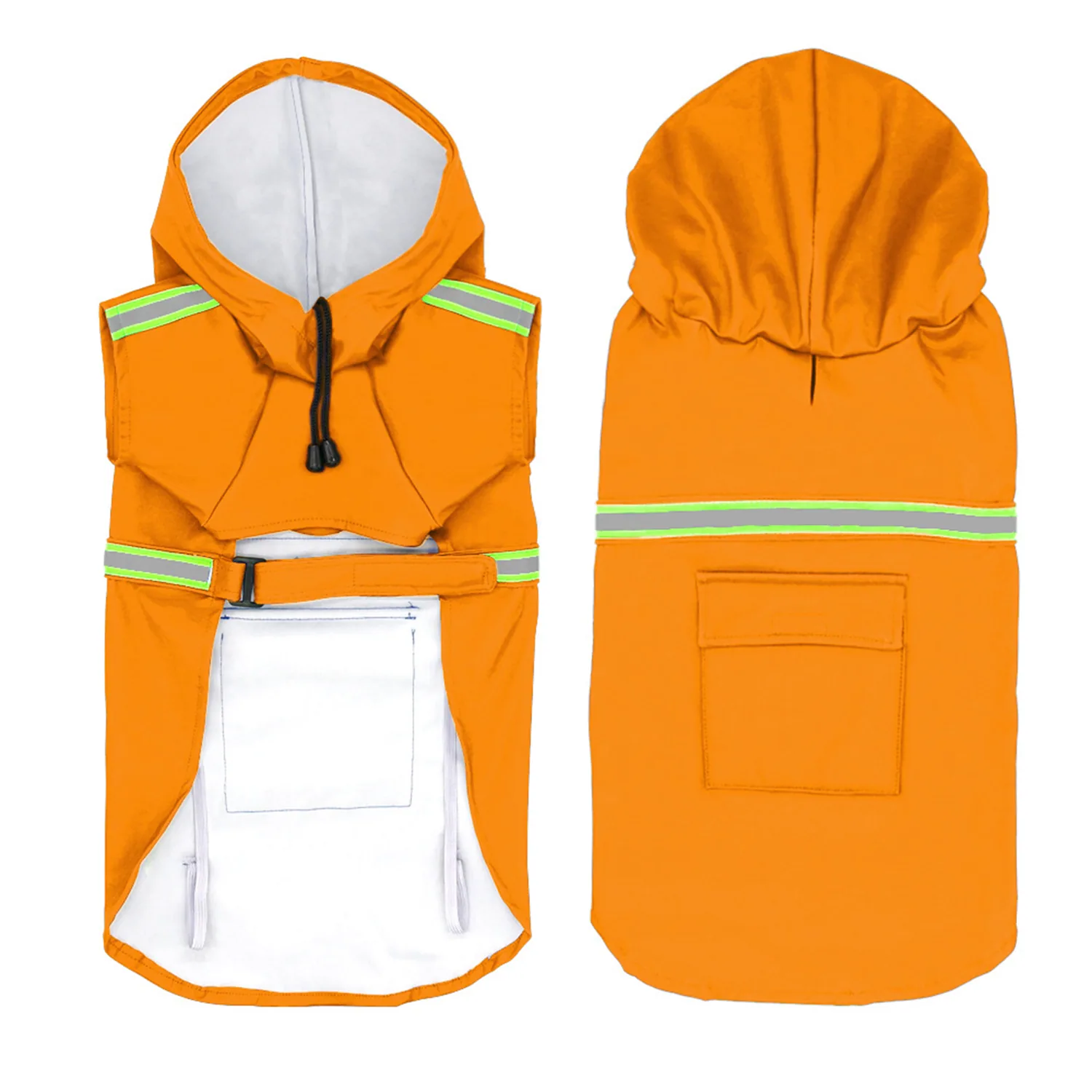 Front and back views of an orange hooded pet raincoat with reflective strips and a rear pocket.