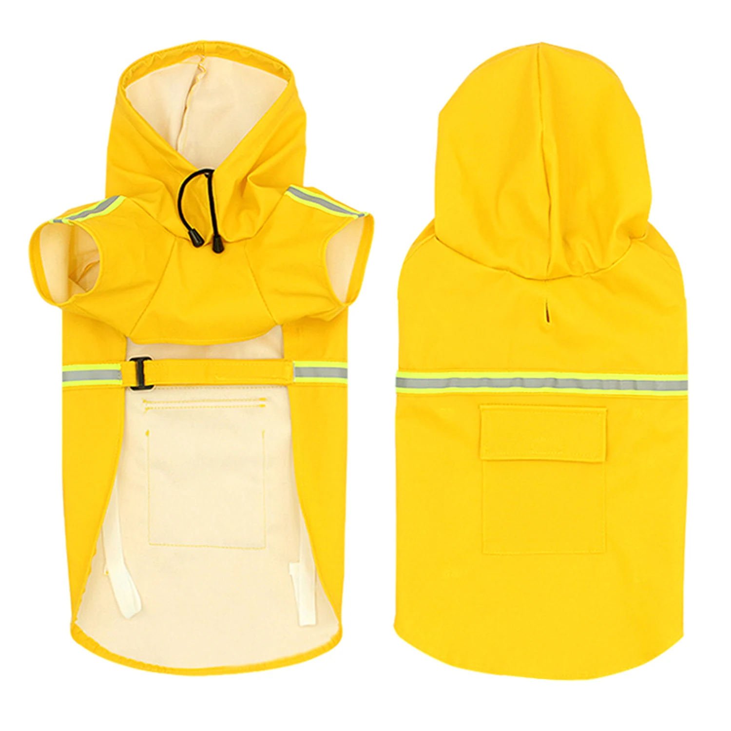 Yellow hooded pet raincoat with reflective stripes and beige lining, front and back views