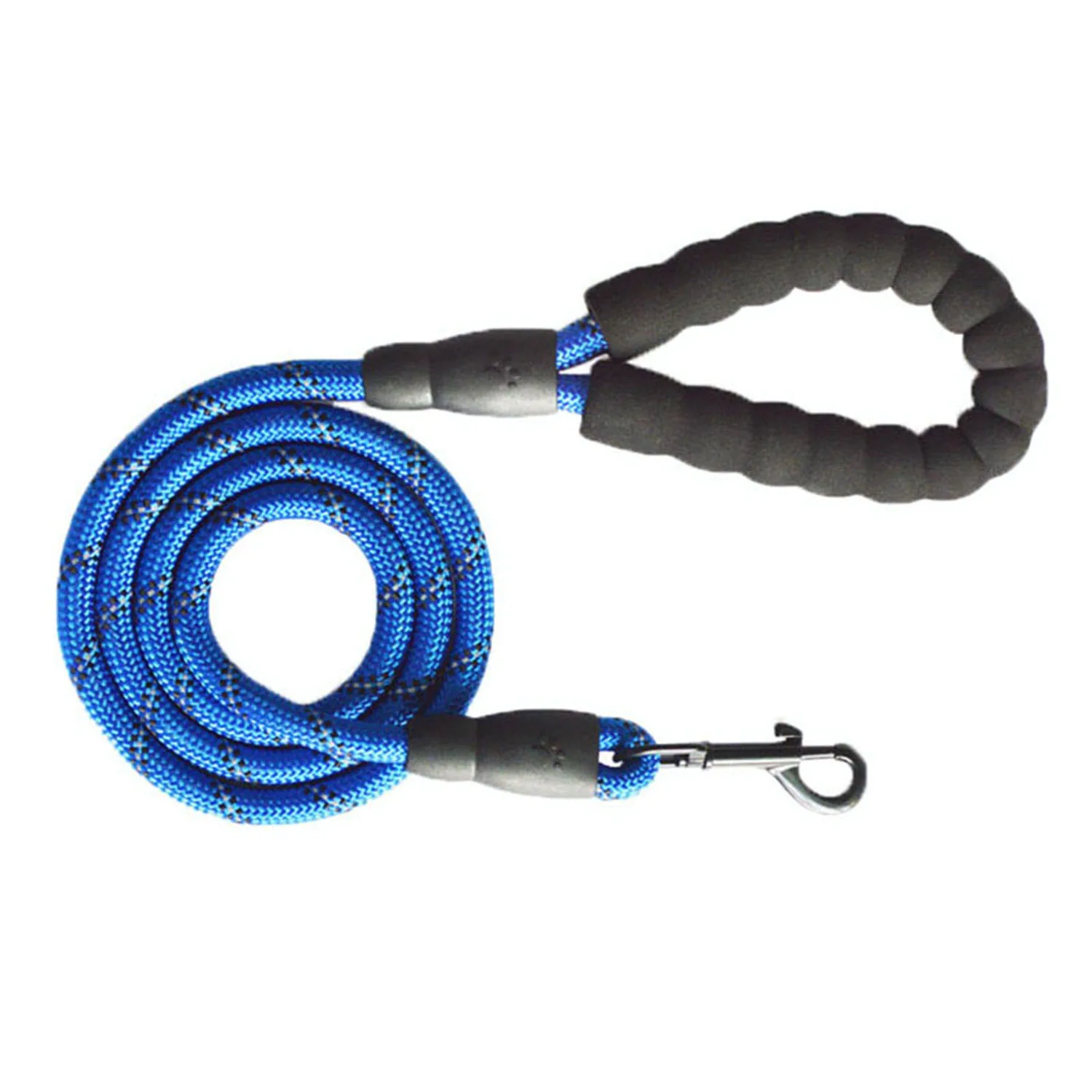 Coiled blue rope with foam handle and metal snap hook
