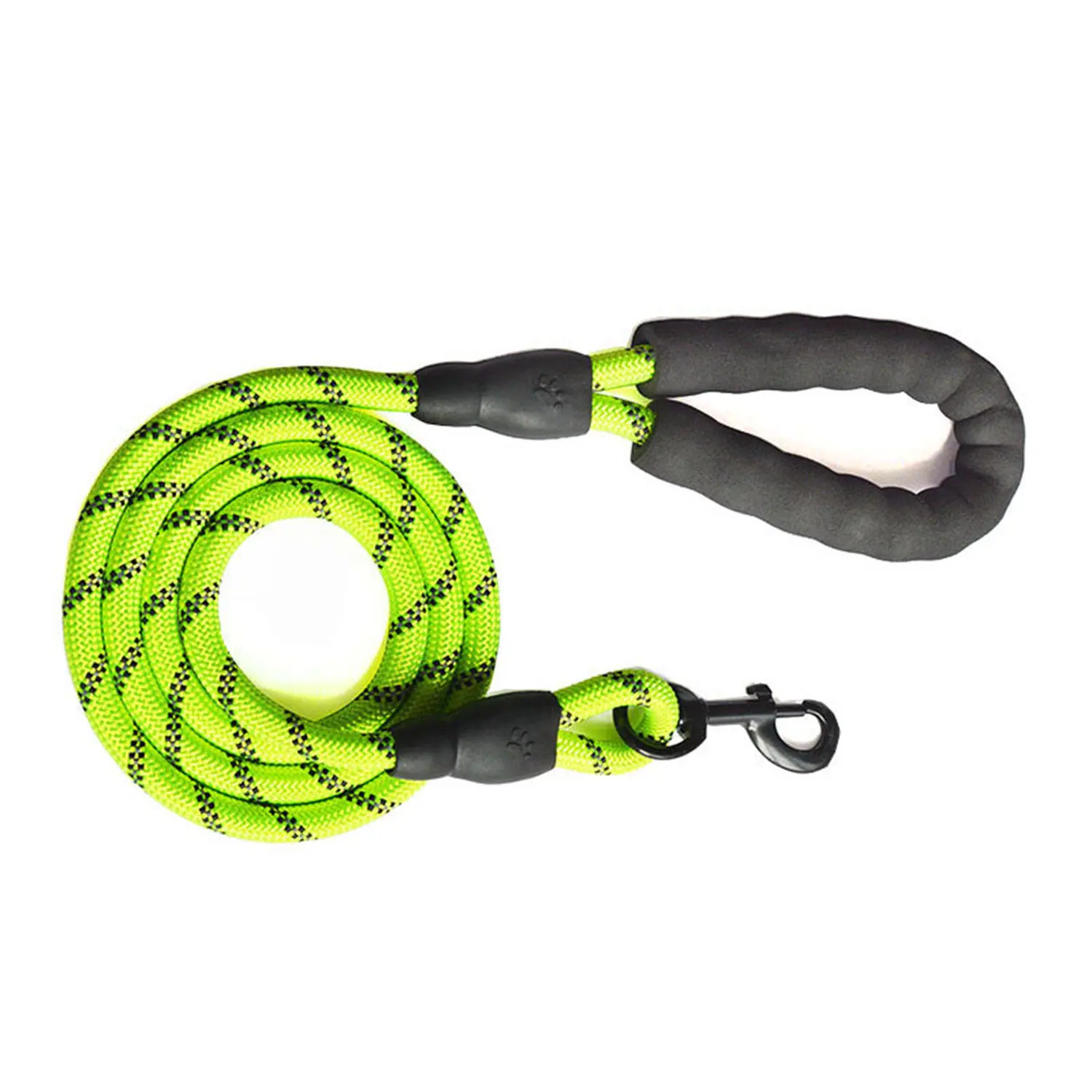 Coiled neon green dog leash with black reflective accents, foam handle, and metal clip