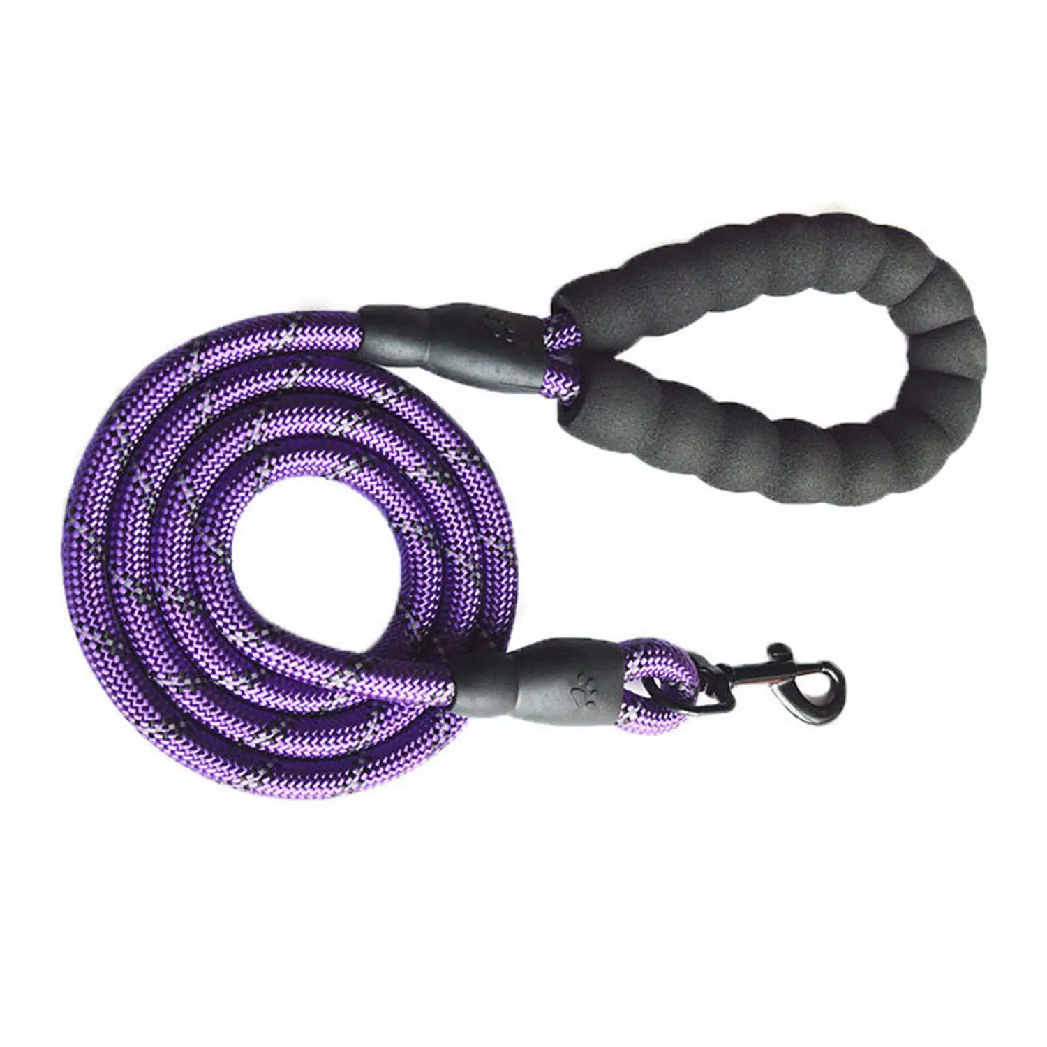 Coiled purple dog leash with black foam handle and metal clip