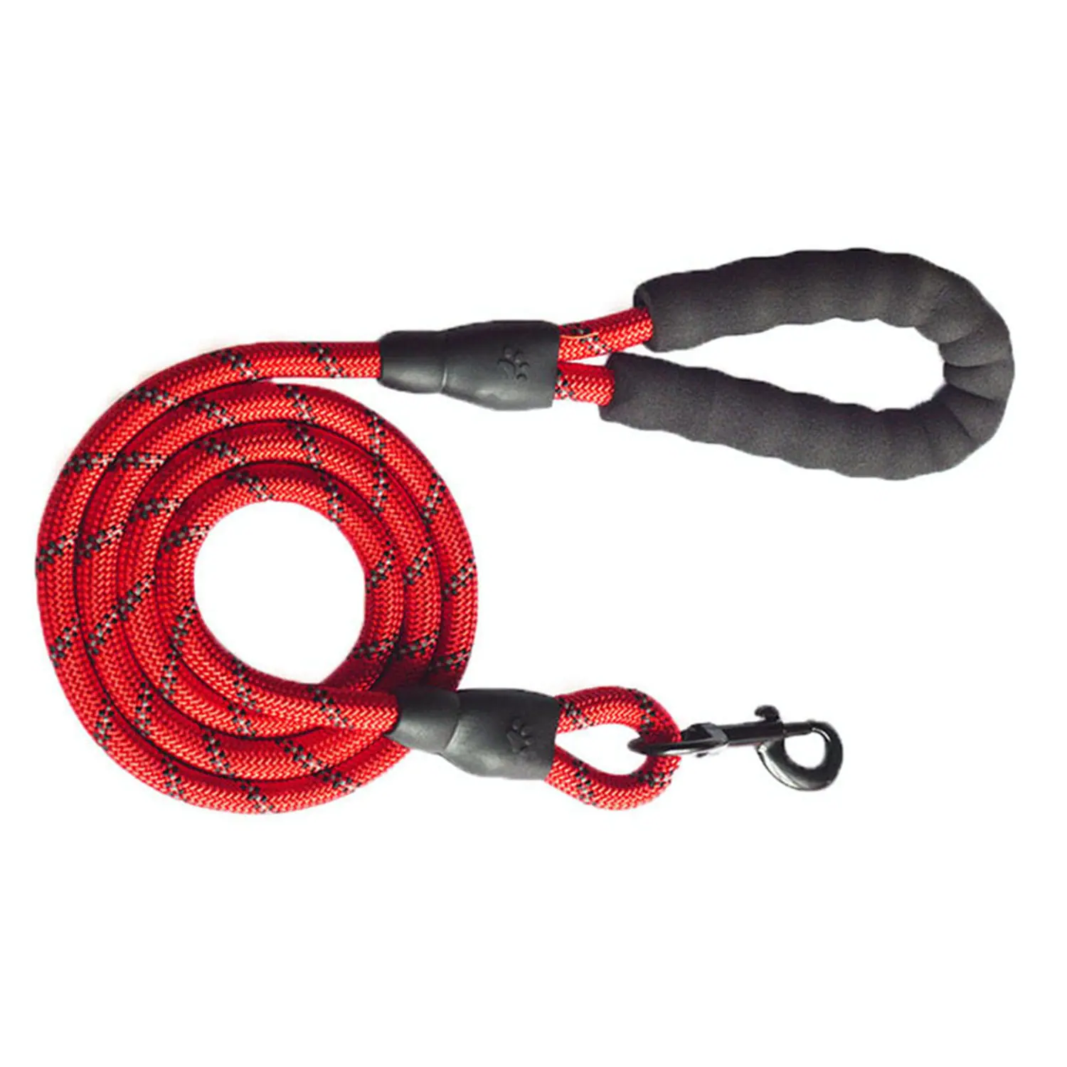 Red coiled dog leash with black foam handle and metal clasp on a white background