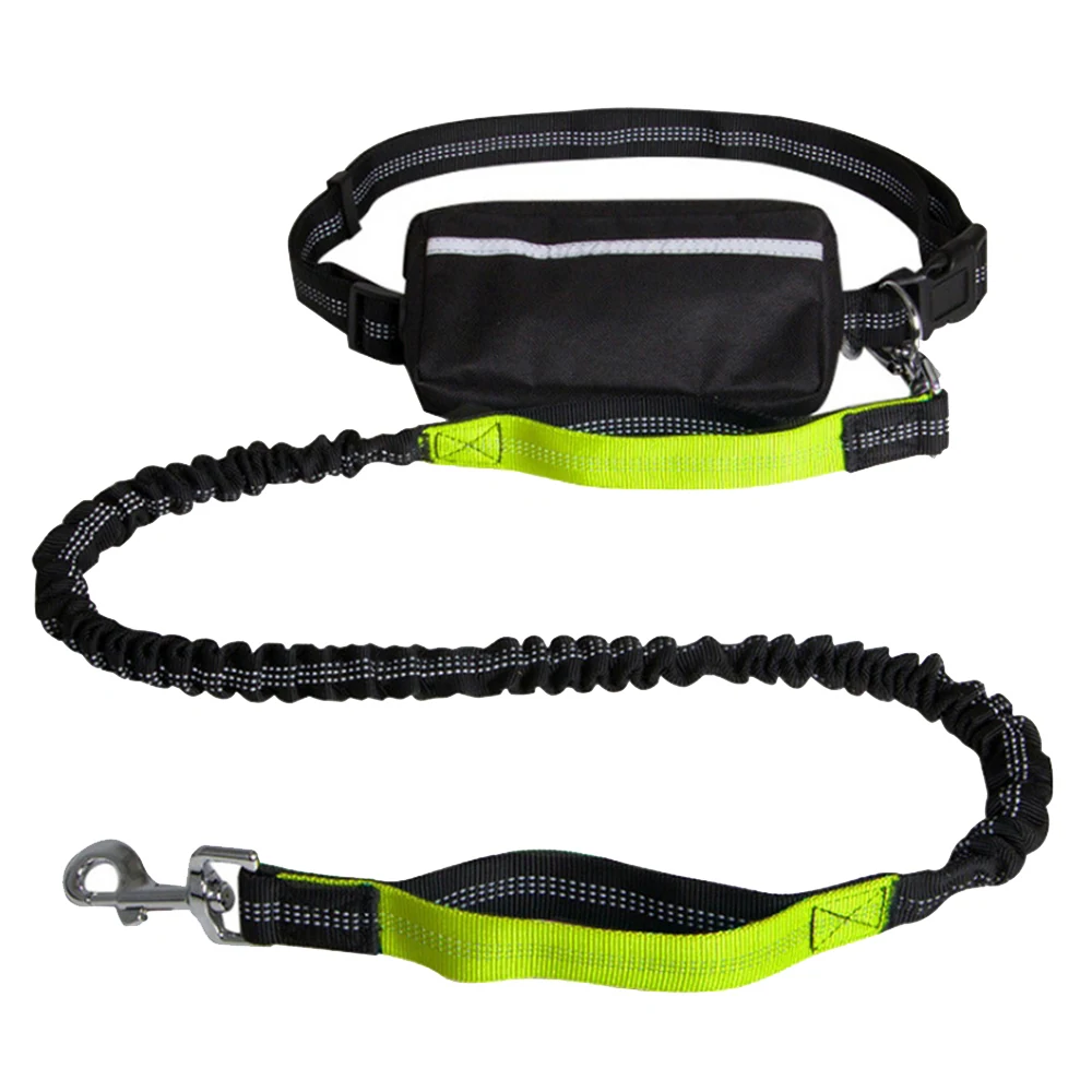 Black and high-vis yellow dog leash with hands-free belt and bungee cord section